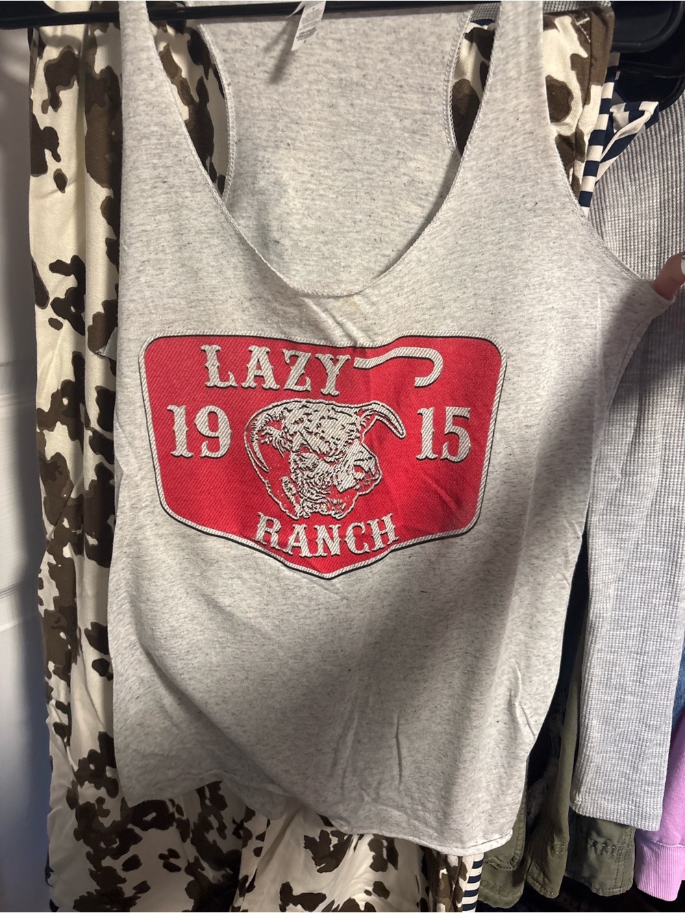 Bella Canvas Grey Tank Top with Red 'Lazy Ranch 1915' Graphic womens